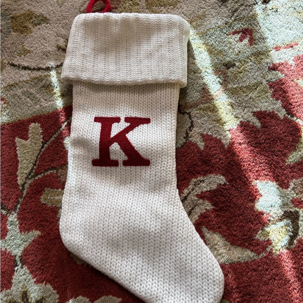 NEW White Knit Christmas Stocking with Red 'K'